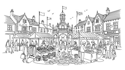 Charming Town Square Market Scene with People Shopping and Stalls - Hand-Drawn Illustration © Azizi