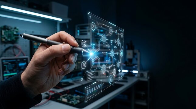 Hand interacting with glowing digital network diagram in tech lab