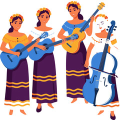Fototapeta premium Four women in traditional dress playing guitars and cello