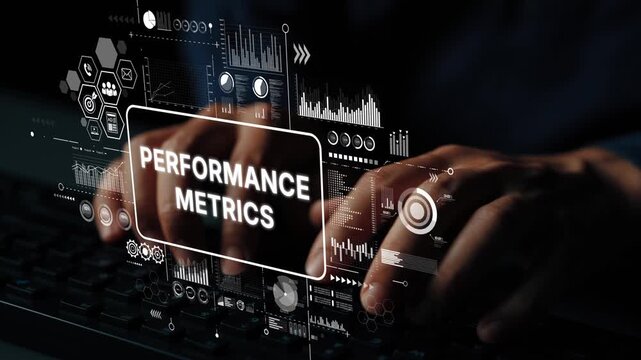 Hands Typing On Keyboard With Digital Overlay Of Performance Metrics And Data Analysis Charts. Asymptotic smart data analytic.