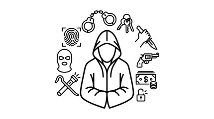 Hooded hacker figure with cybercrime and criminal icons. © ULFAITA