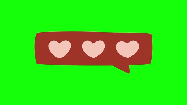 Love icon, animated heart shaped in chat box bubble cartoon vector. Social media idea, message, interaction symbol. Popup clipart shape animation green screen background template