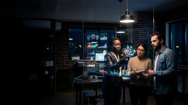 Diverse business team analyzing digital data on glass screen at night
