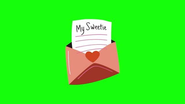 Love icon, animated paper letter in envelope cartoon vector. Social media gift idea, message, interaction symbol. Popup clipart shape animation green screen background template.