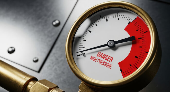 Pressure gauge danger high pressure metal brass industrial close up measurement equipment dial mechanical tool instrument warning safety gauge