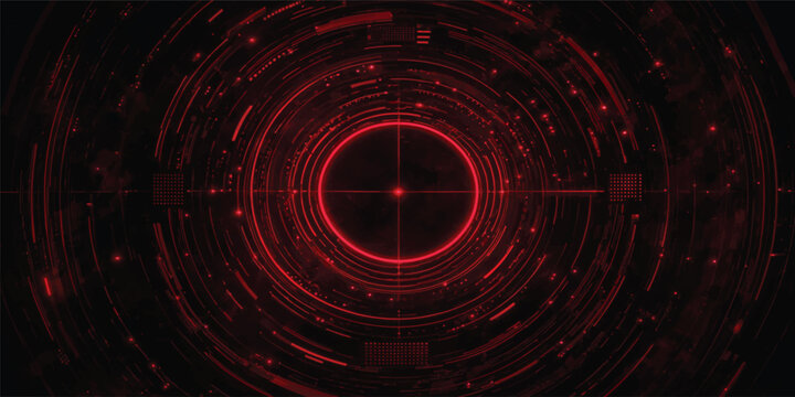 Red abstract cybernetic targeting interface with abstract interface cybernetic circular technology graphics futuristic security software geometry scanning hologram geometric contrast