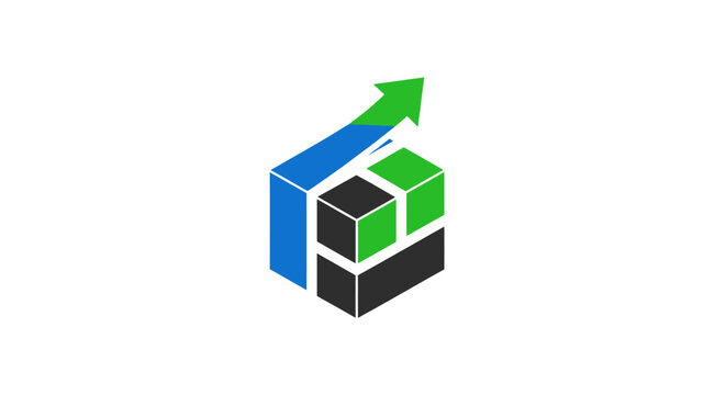 Abstract 3D isometric business growth logo icon with upward arrow.