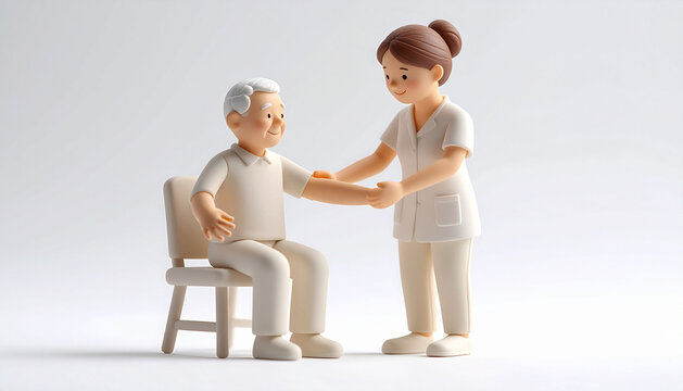 シニア男性の腕を優しく支えて介助する看護師の3Dクレイ風イラスト 介護・福祉・医療・高齢者ケア
