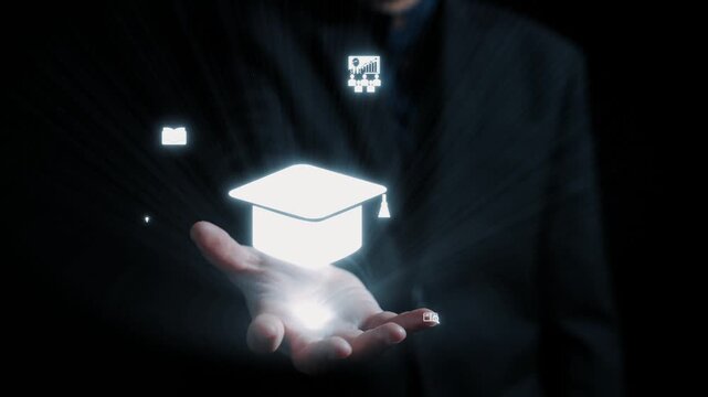 This image creatively represents education and learning with a graduation cap and various digital icons, highlighting the importance of knowledge and skill development in today world. Qubit