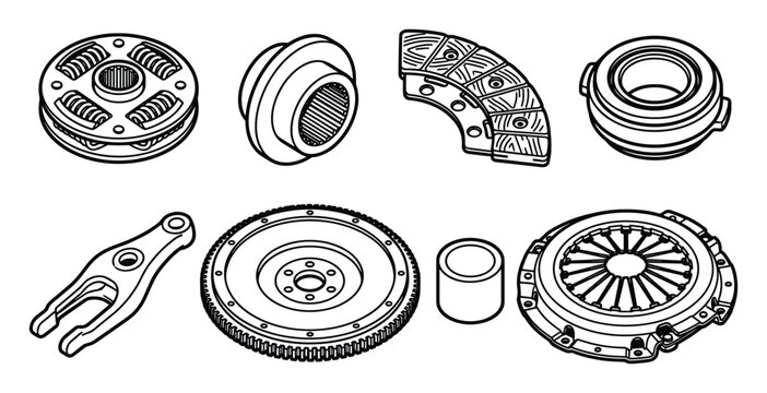 Detailed bold outlined collection of essential automotive clutch and transmission components.