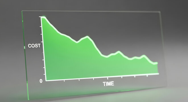 Green hydrogen production cost decreases over time shown in transparent 3D graph with green gradient line illustrating energy trends