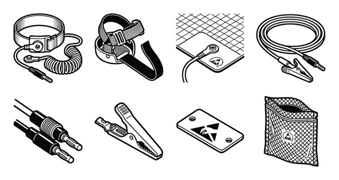 Detailed collection of bold outlined electrostatic discharge protection items.