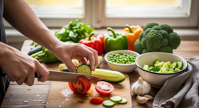 Hands slicing fresh tomato and cucumber for healthy meal preparation during daylight