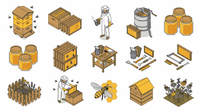 Collection of isometric illustrations depicting beekeeping equipment, tools, and honey production elements.