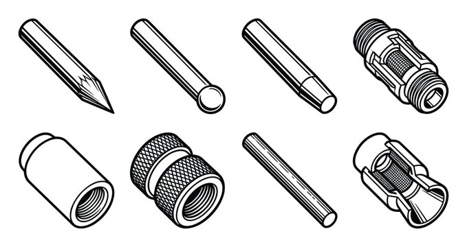 Detailed isometric line art of TIG welding torch tungsten electrodes and collets
