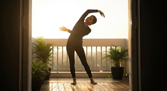 A person dancing on a balcony with potted plants and sunlight.