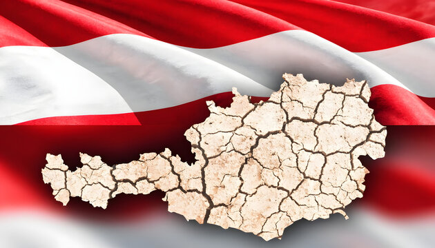 Map of austria with cracked earth texture over the austrian national flag background, representing drought, climate change, and environmental crisis