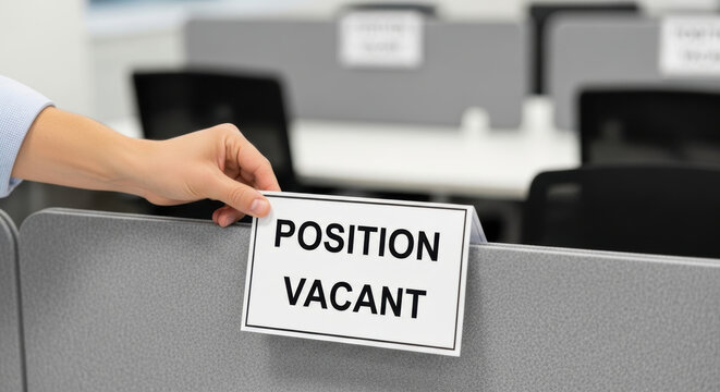 Position vacant sign held by hand in office cubicle representing staffing shortages and job vacancy
