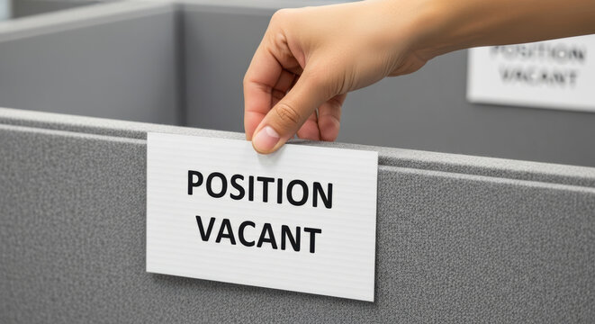 Position vacant staffing shortages concept with hand holding sign on office cubicle wall showing job vacancy and recruitment need