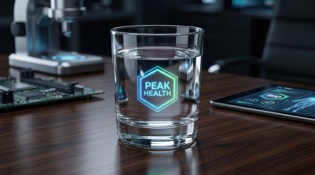 Glass of water with digital health icon on wooden table with medical device and tablet showing health data in background