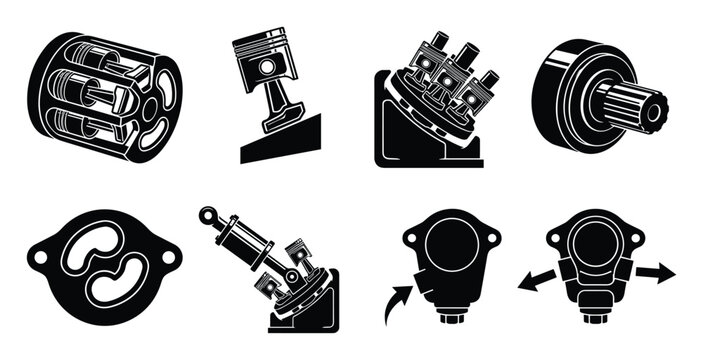 Detailed vector illustrations of hydraulic swashplate piston pump and motor parts.