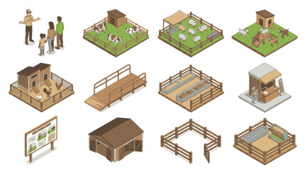 Isometric farm elements including animals, buildings, and people in a stylized illustration. © Nelya