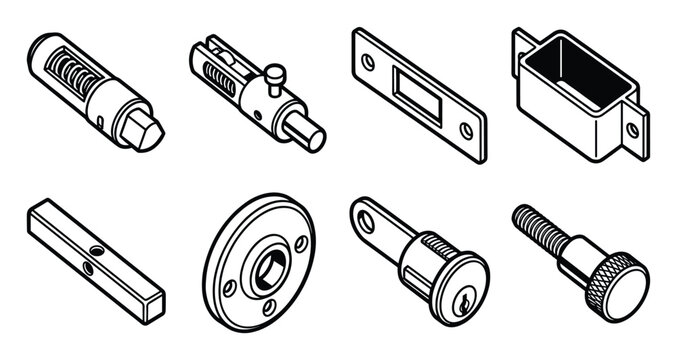 Door knob latch bolt components icons set. Architectural hardware parts