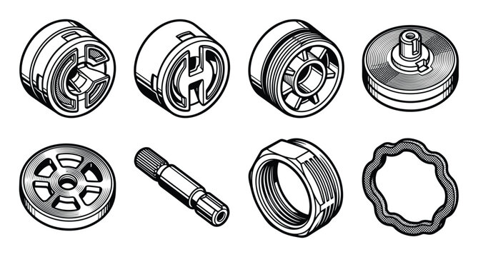 Eight different faucet valve inner mechanisms shown as line drawings.