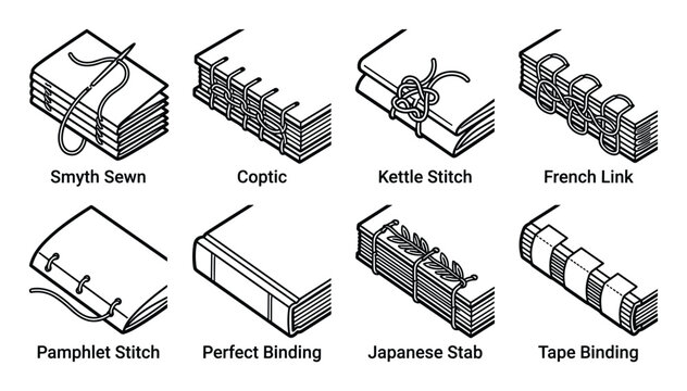 Eight distinct bookbinding stitch and binding method diagrams