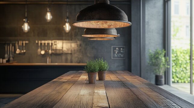 Industrial dining room, reclaimed wood table, pendant lighting, raw materials generative ai