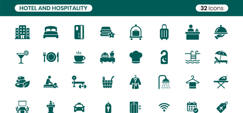 Hotel and hospitality icons set for travel and accommodation industry