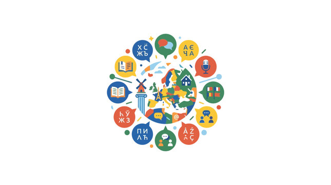 Global Communication and Languages Concept - Europe Map Surrounded by Icons