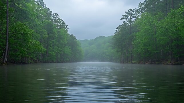 Serene river flowing through lush green forest with misty atmosphere and overcast sky