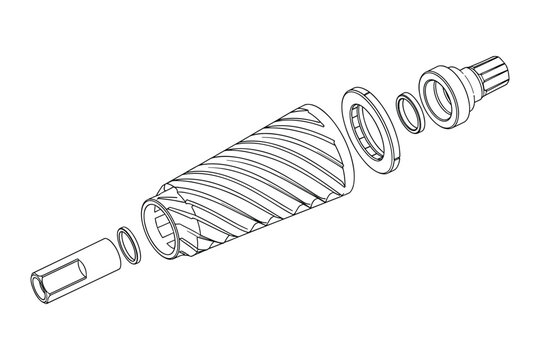 Exploded view of a mechanical worm gear assembly technical drawing