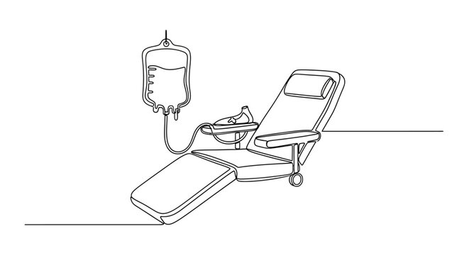 Continuous line drawing of a blood donation chair and IV bag with saline solution