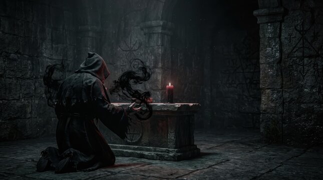 A robed figure kneeling before a stone altar with mystical dark energy and a single candle in a dimly lit gothic dungeon chamber for spiritual and esoteric exploration