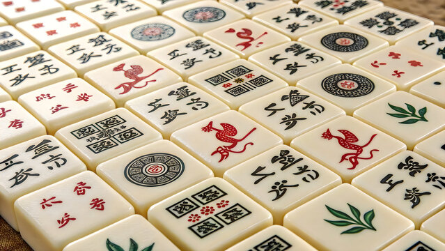 Traditional japanese mahjong tiles displayed in an organized spread