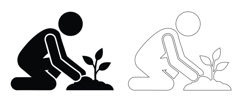 Gardener Kneeling and Planting a Young Sapling Silhouette and Outline Vector Set, Person Gardening or Farming Clip Art Graphics