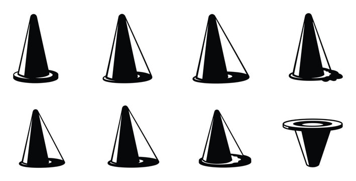 Graphic black cone and funnel shapes with bases, some inverted designs.