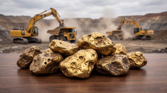 Raw gold nuggets on a wooden surface with mining operations and excavators in an open pit mine background