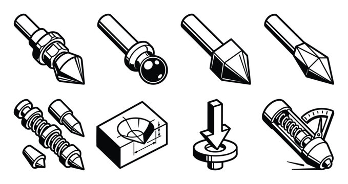 Hardness testing indenter tip and measurement process vector icons.