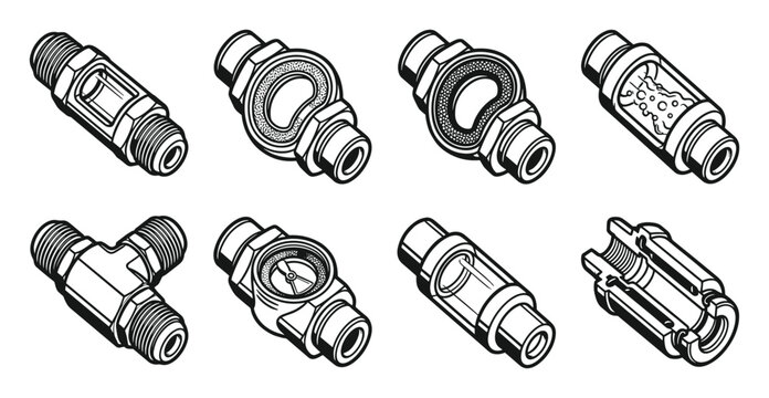HVAC sight glass, moisture indicator, and pipe fitting line art set
