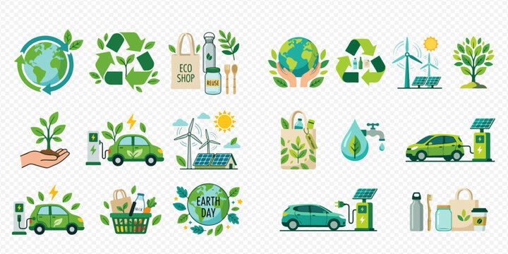 Eco-friendly lifestyle and sustainable living concept with green energy and environmental protection icons.