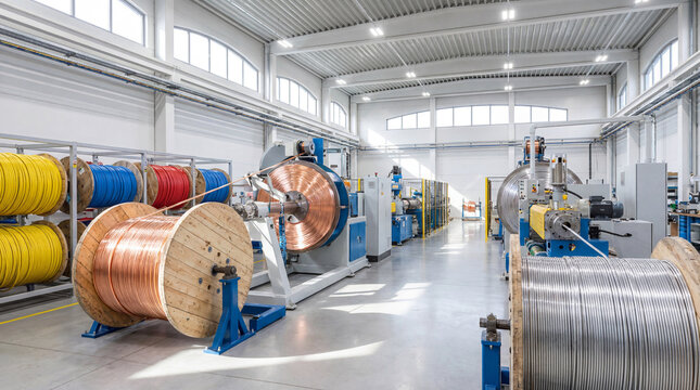 Modern wire and cable factory with advanced machinery producing copper and insulated electrical cables for industry