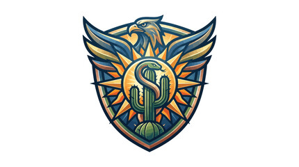 Obraz premium Eagle and Snake Crest Emblem with Cactus and Sun Design