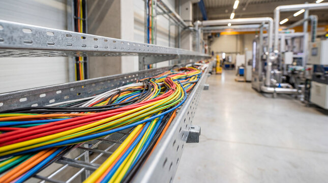 Vibrant electrical cables running through a cable tray in a clean factory environment, showcasing modern industrial wiring