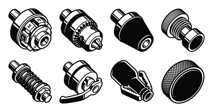 Isometric black and white vector icons of industrial packaging chucks