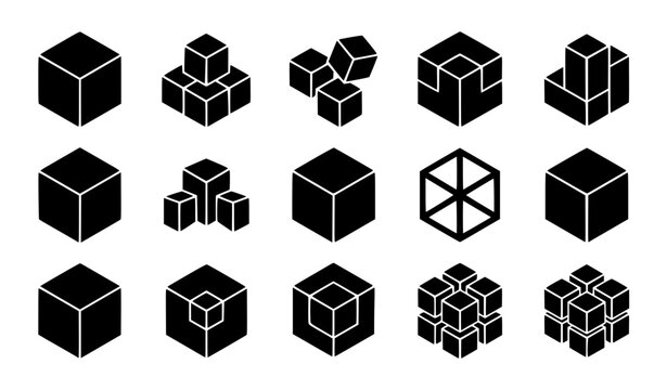 Geometric Cube Icon Set Featuring Isometric Blocks, 3D Hexagonal Shapes, Modular Wireframes, Abstract Stacking Puzzles, and Structural Architectural Design Elements