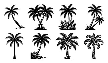 Fototapeta premium Tropical Palm Tree Silhouette Icon Set with Coconut Palms and Exotic Beach Plants for Summer Vacation, Travel Agency, and Resort Graphic Designs