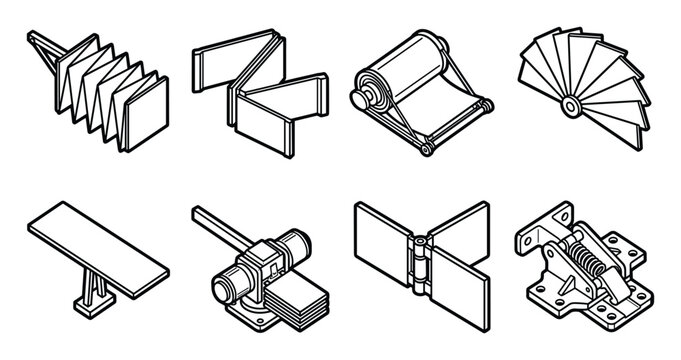 Isometric line art icons of satellite bus solar array deployment mechanisms.
